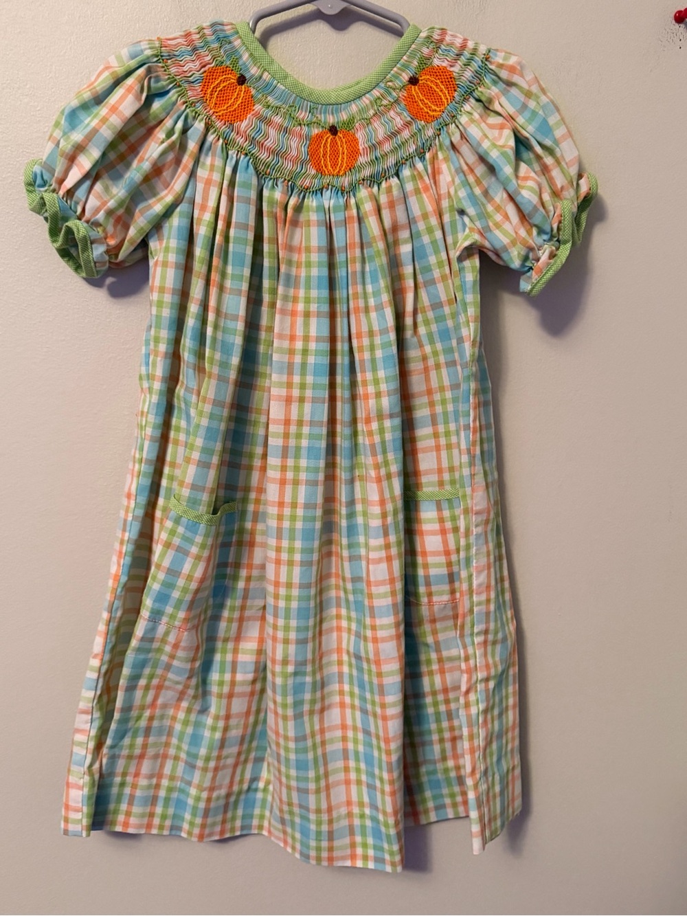 Shrimp & Grits Green and Orange Plaid Pumpkin Smocked Dress